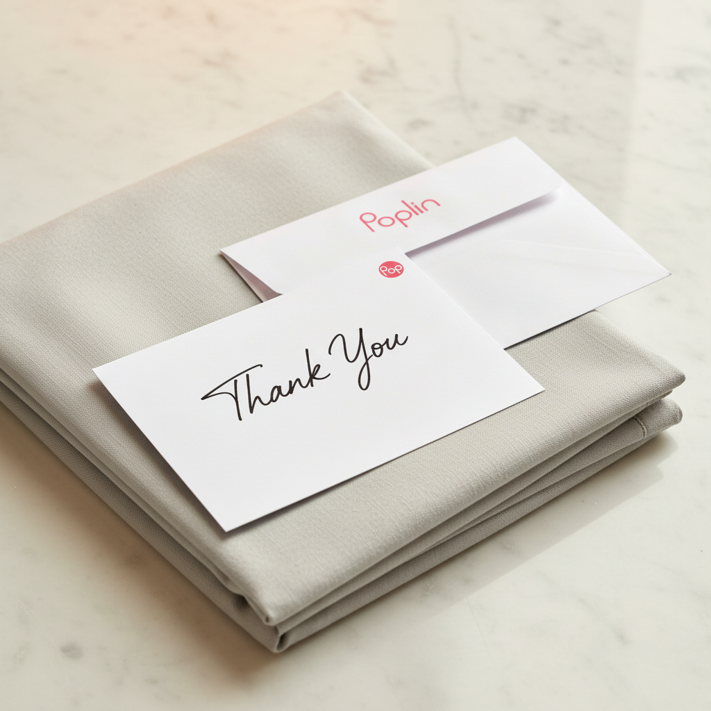 Elegant thank-you note card placed next to a neatly folded laundry delivery bag, showing the personal touch Poplin Laundry Pros add to every order