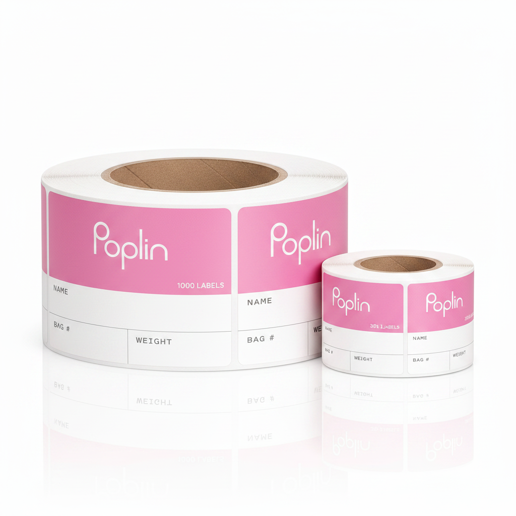 Two rolls of Poplin delivery labels in pink and white — 1000 label pack (large) and 300 label pack (small) side by side