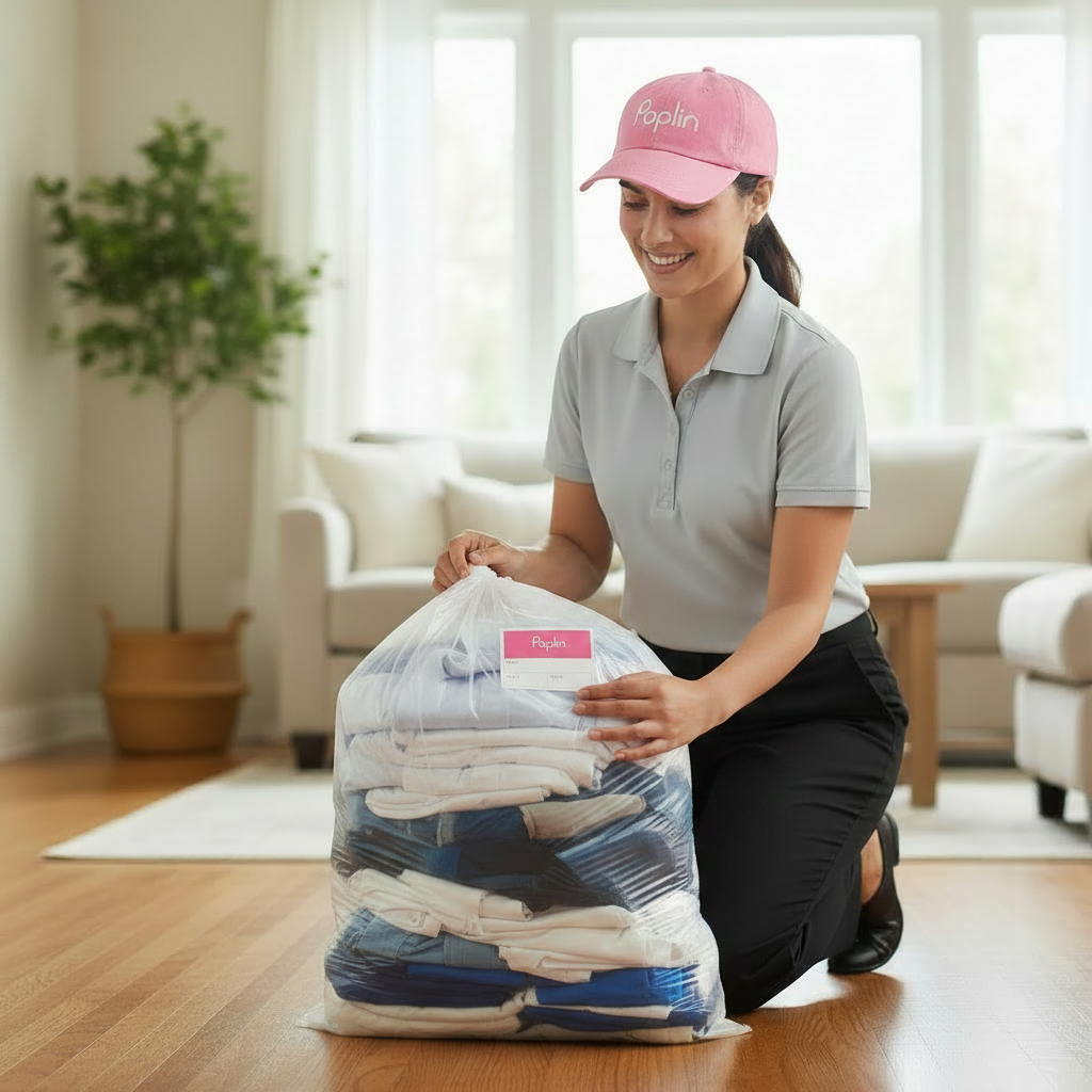 Laundry Pro wearing shocking pink Poplin cap applying a small 3x2 inch Poplin label onto a transparent laundry bag with neatly folded clothes inside
